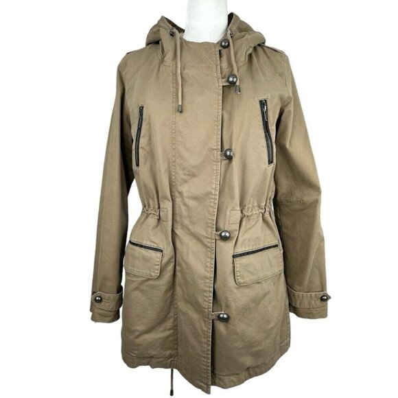 Calvin Klein Women’s Tan Hooded Sherpa Mid-Length Coastal Parka Coat‎ S/C41 - Picture 1 of 16